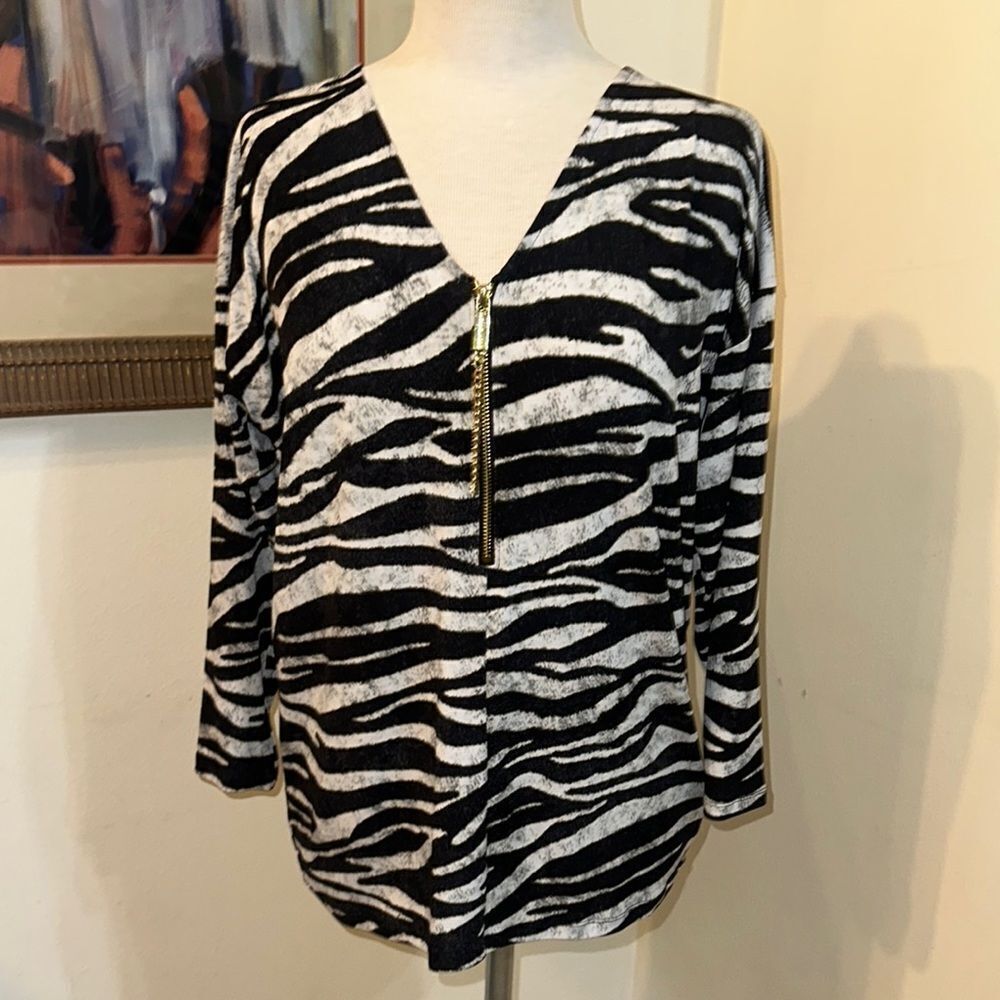 Michael Kors Zebra Print V-Neck Zipper Tunic Size Medium